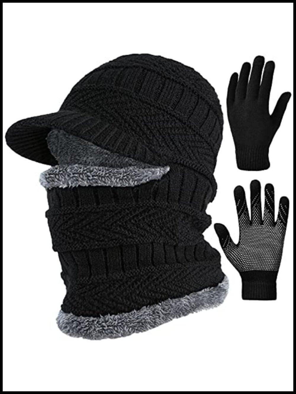 2Pc Winter Knit Balaclava Beanie & Touch Screen Mittens Set Acrylic